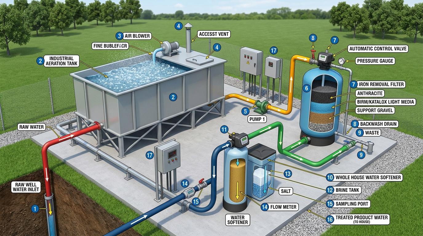 Diagram layout showing how raw well water goes through aeration, an iron removal media filter, and a water softener